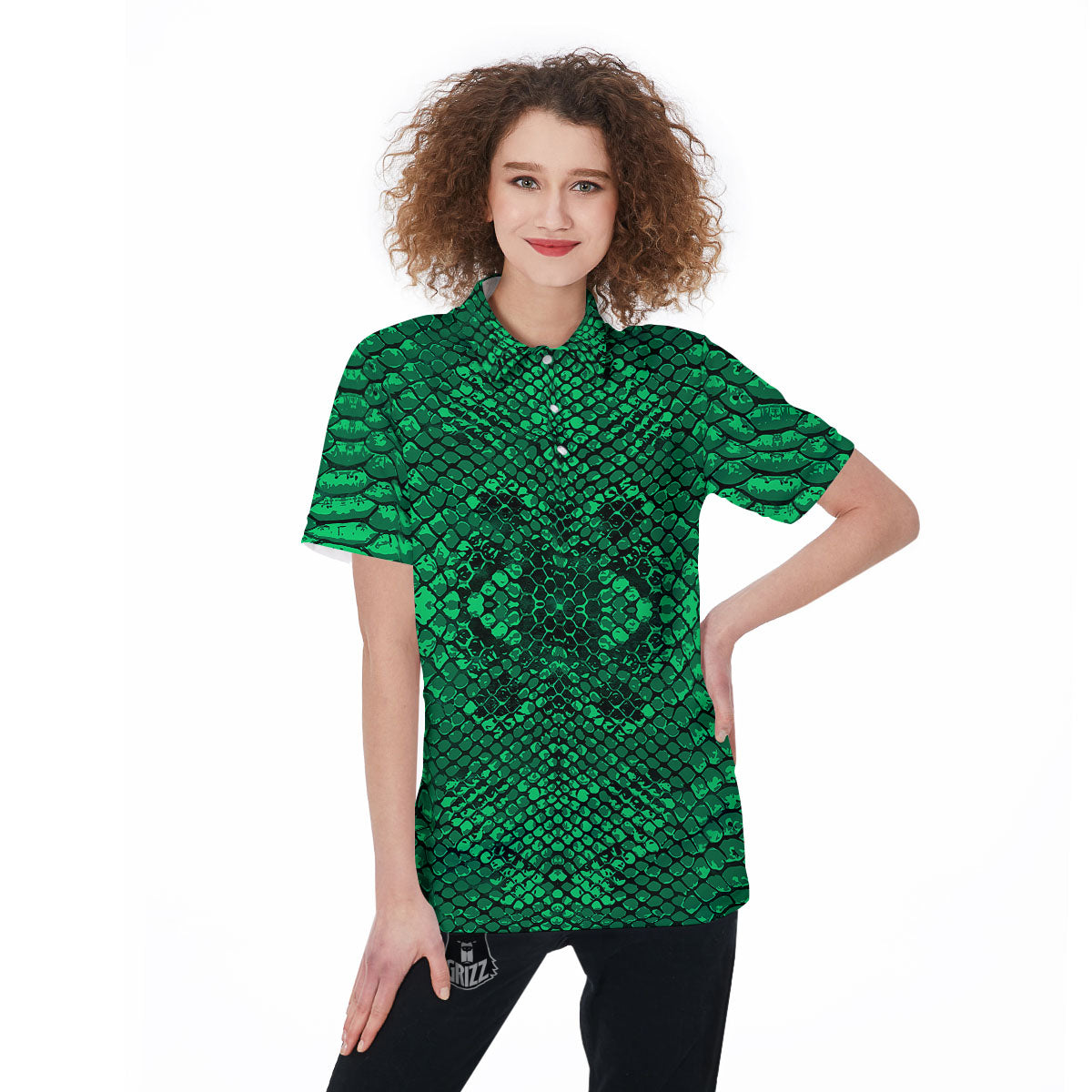 Snakeskin Black And Lime Green Print Women's Golf Shirts-grizzshop