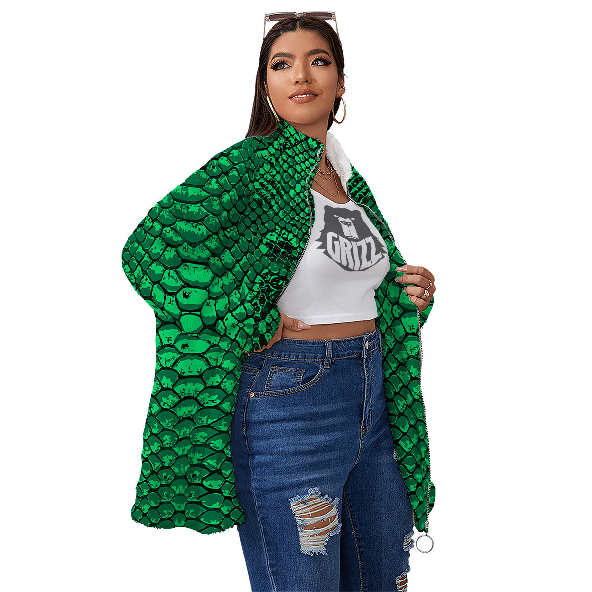 Snakeskin Black And Lime Green Print Women's Sherpa Jacket-grizzshop