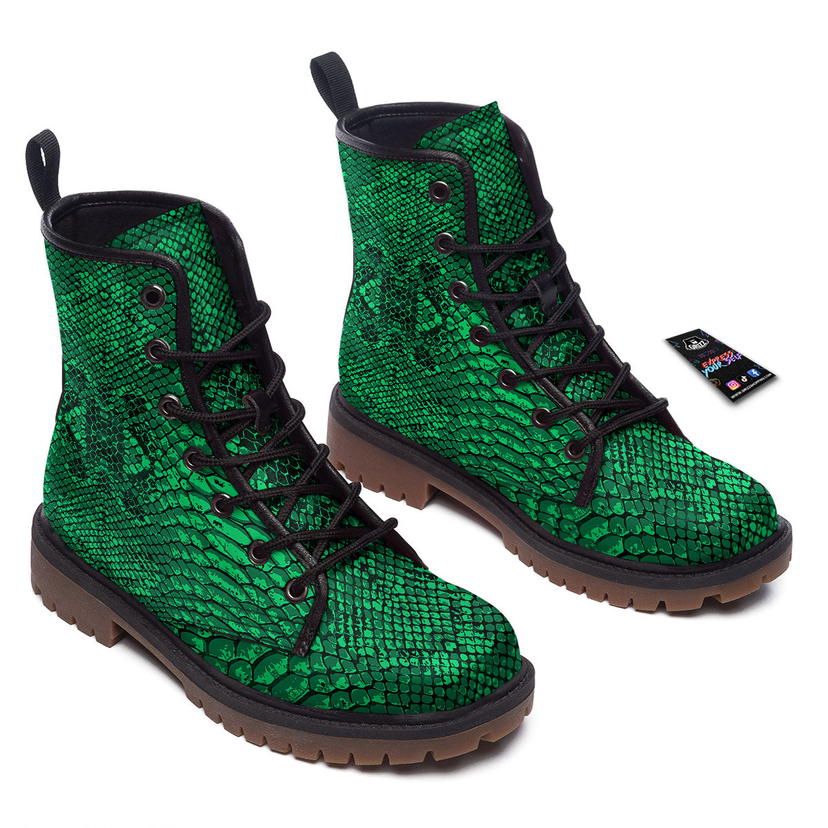 Snakeskin Black And Lime Green Print Work Boots-grizzshop