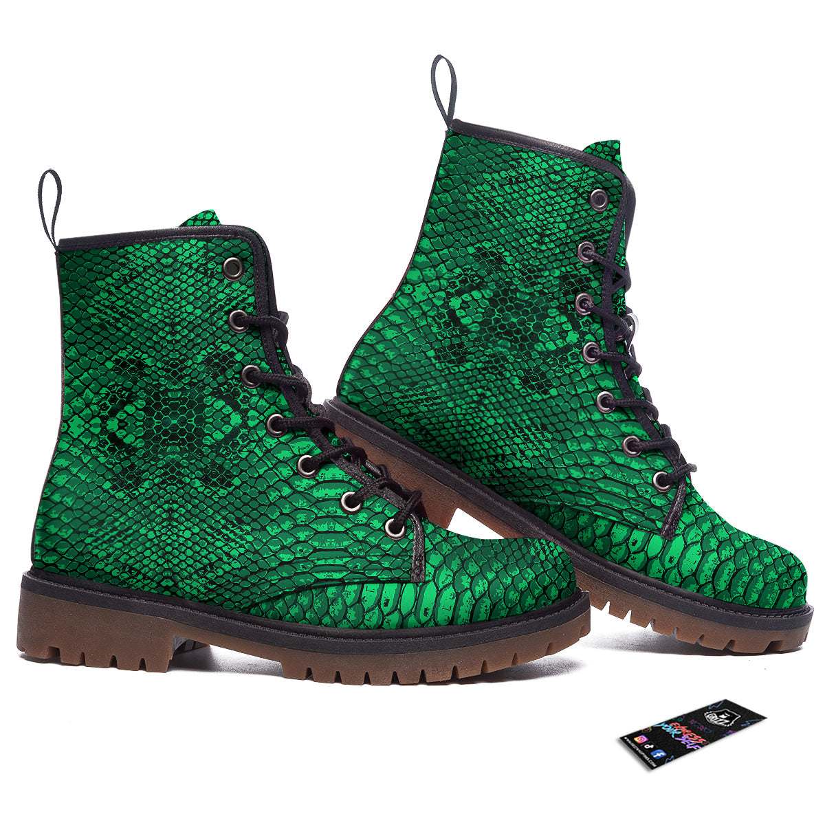 Snakeskin Black And Lime Green Print Work Boots-grizzshop