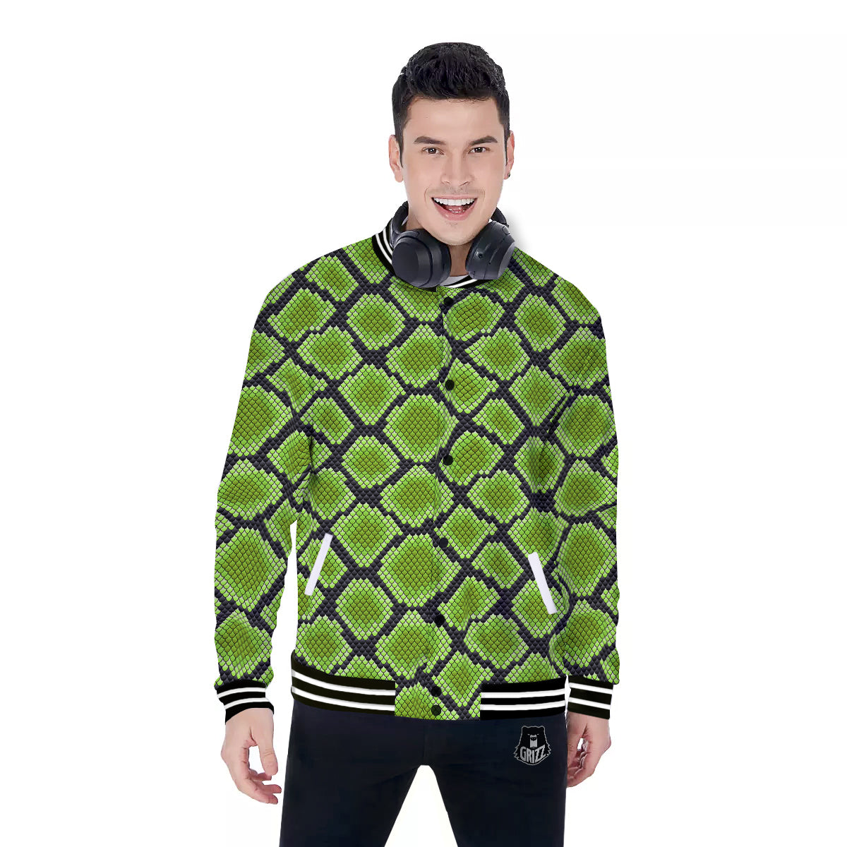 Snakeskin Black And Neon Green Print Baseball Jacket-grizzshop