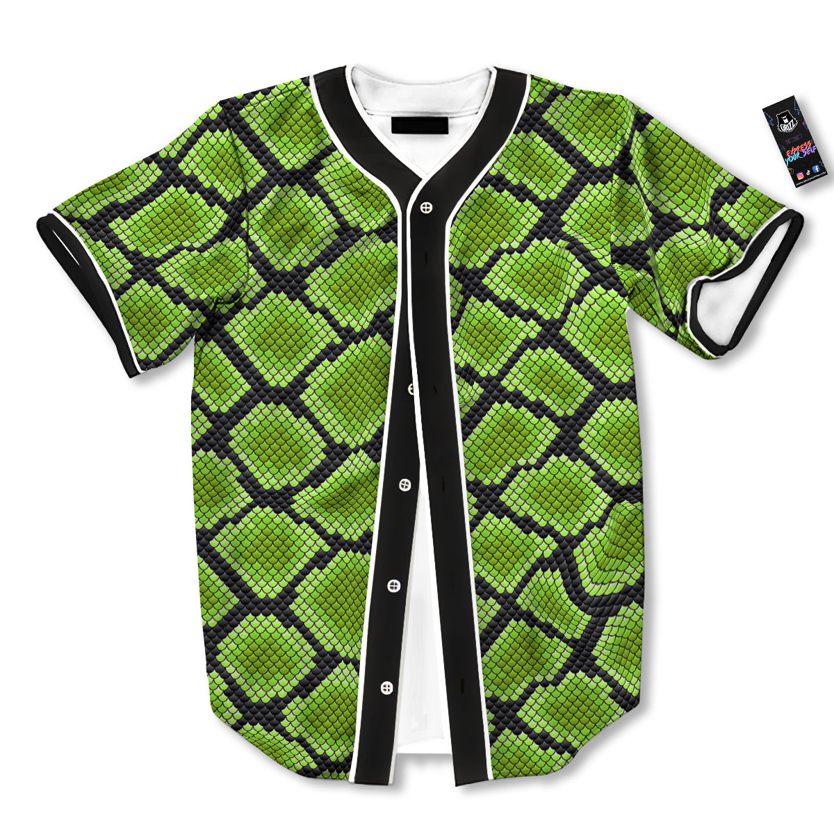 Snakeskin Black And Neon Green Print Baseball Jersey-grizzshop