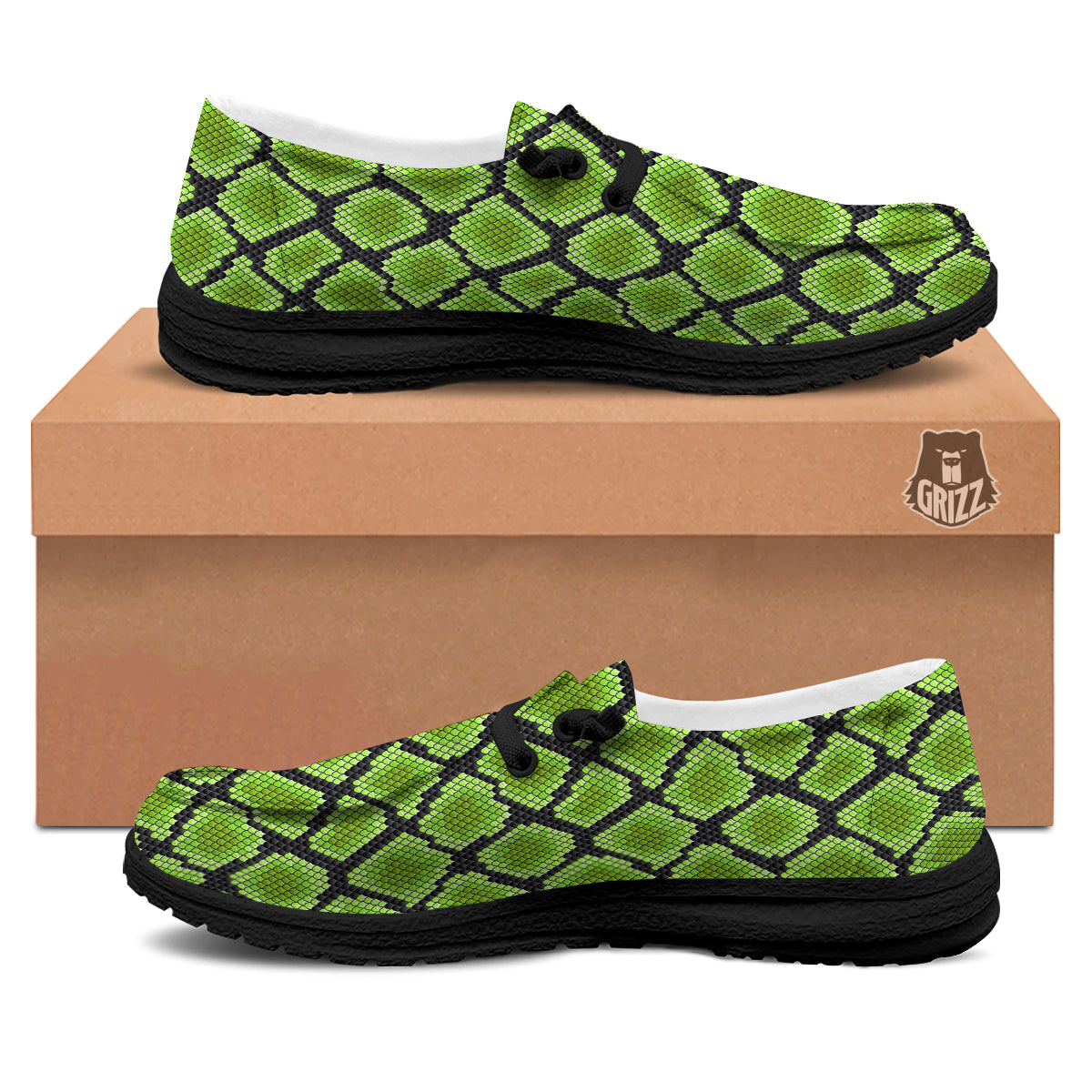 Snakeskin Black And Neon Green Print Black Loafers-grizzshop