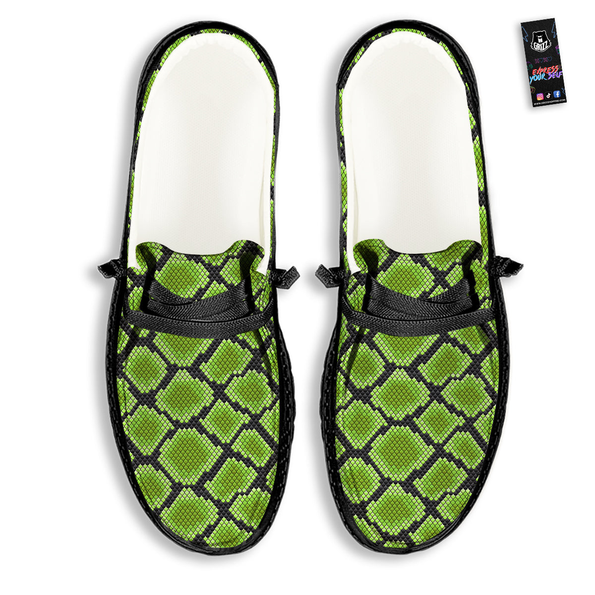 Snakeskin Black And Neon Green Print Black Loafers-grizzshop