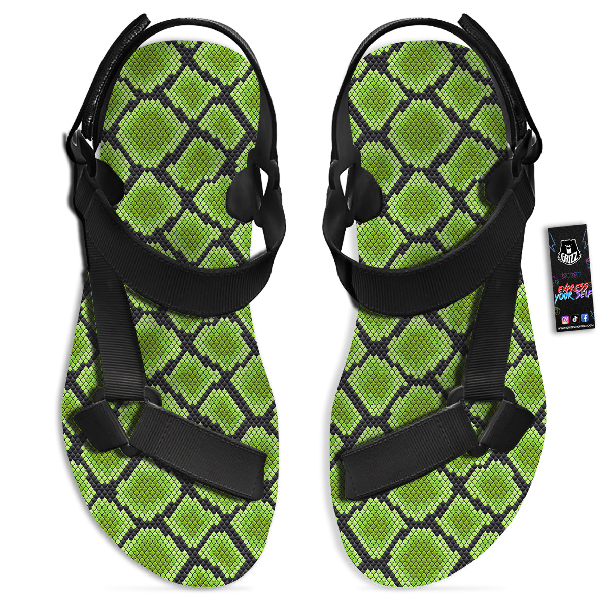 Snakeskin Black And Neon Green Print Black Open Toe Sandals-grizzshop