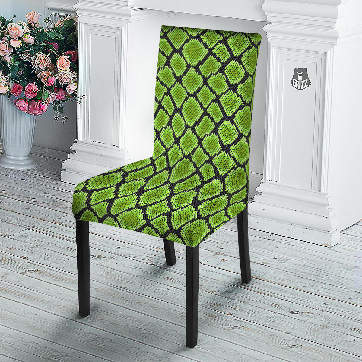 Snakeskin Black And Neon Green Print Dining Chair Slipcover-grizzshop