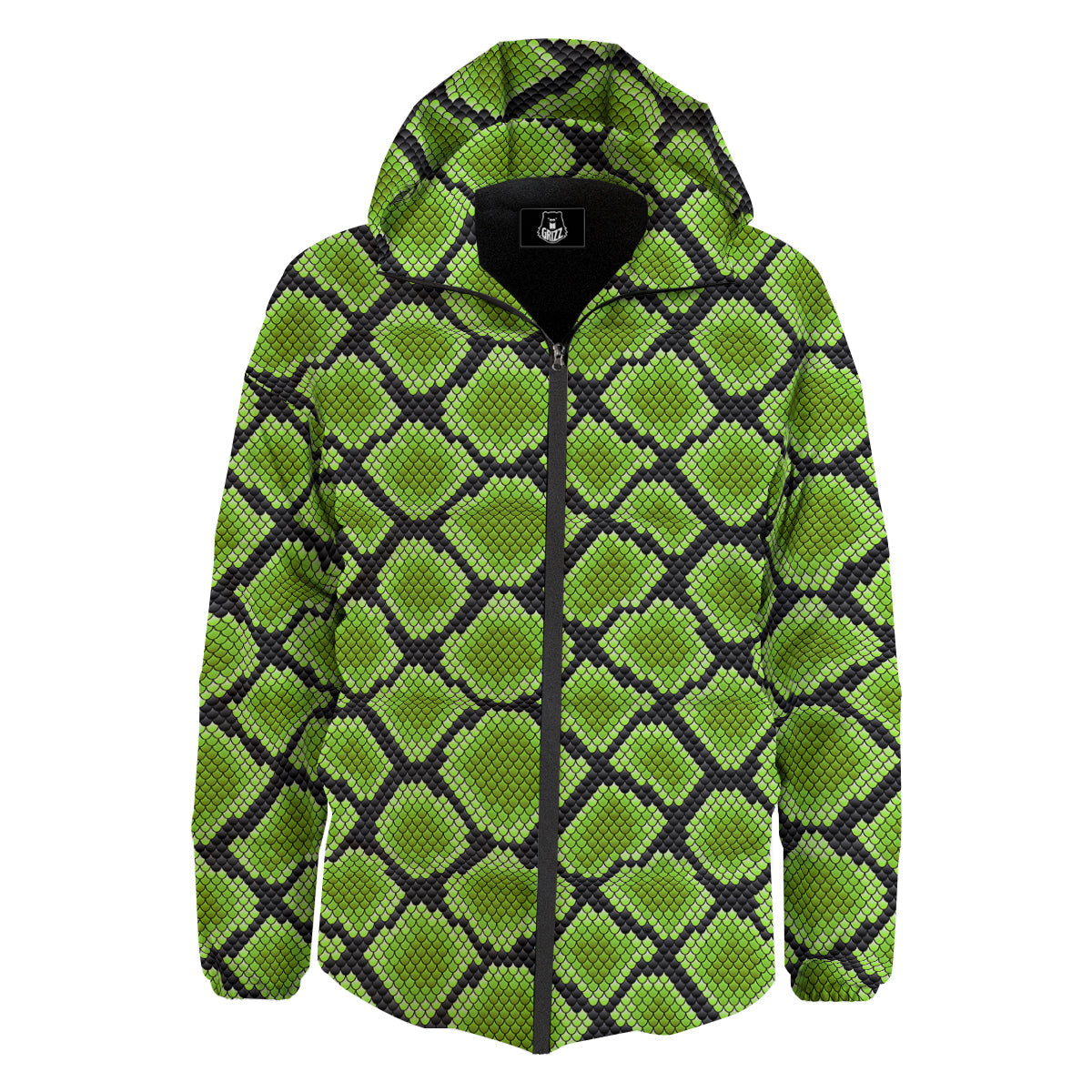 Snakeskin Black And Neon Green Print Down Jacket-grizzshop