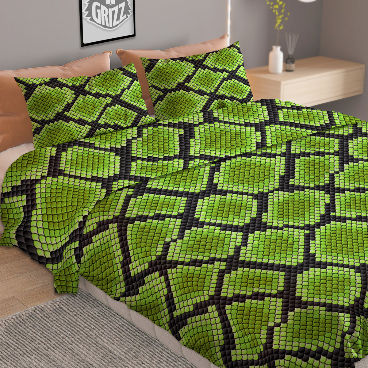 Snakeskin Black And Neon Green Print Duvet Cover Bedding Set