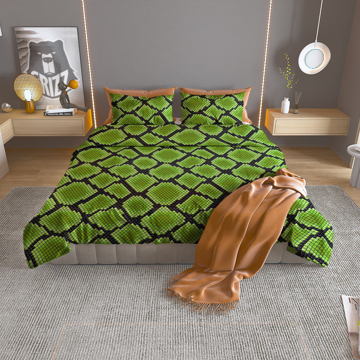 Snakeskin Black And Neon Green Print Duvet Cover Bedding Set