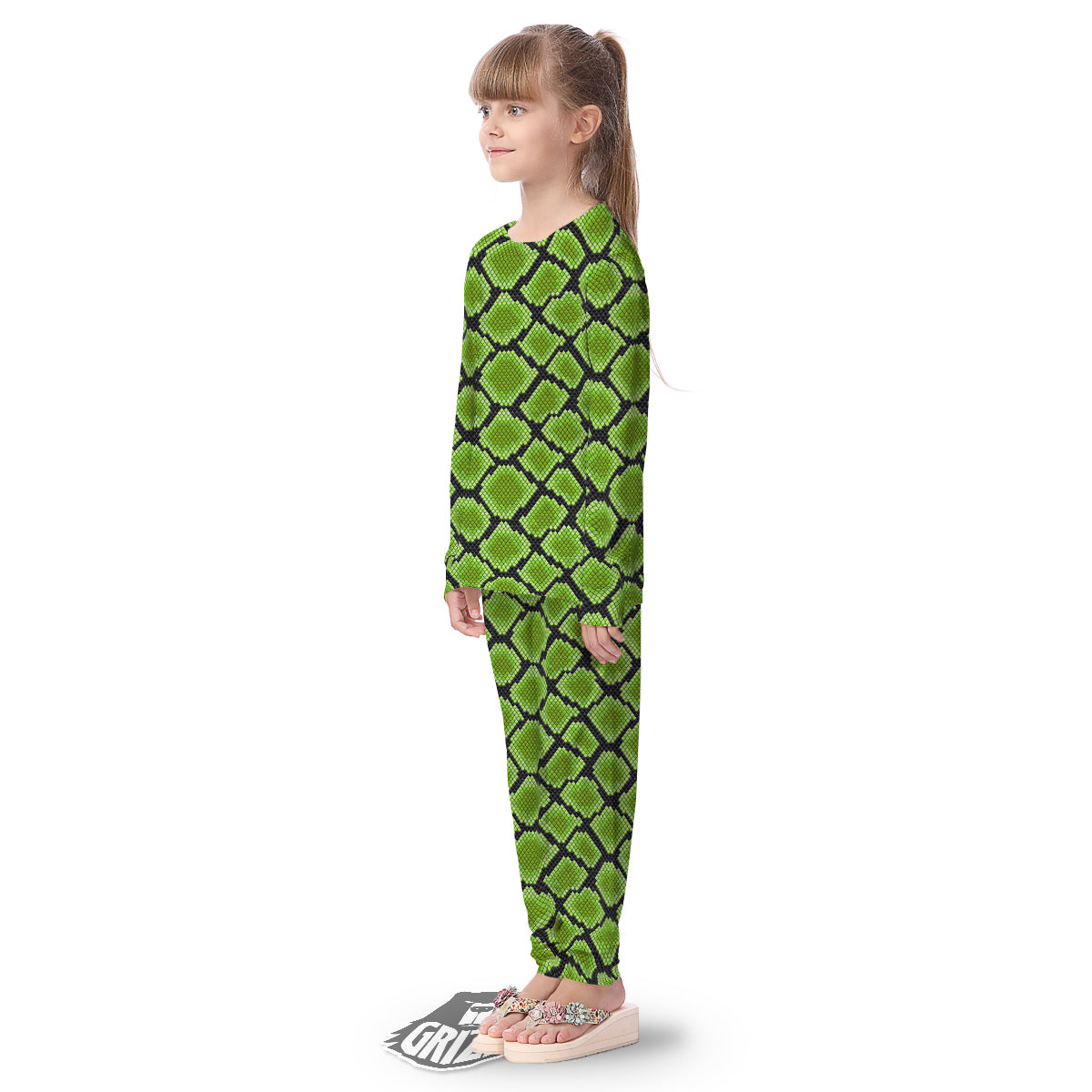 Snakeskin Black And Neon Green Print Kid's Pajamas-grizzshop