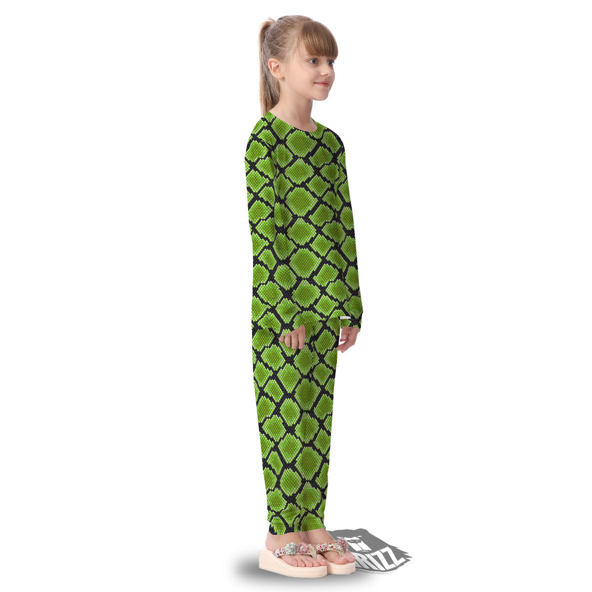 Snakeskin Black And Neon Green Print Kid's Pajamas-grizzshop