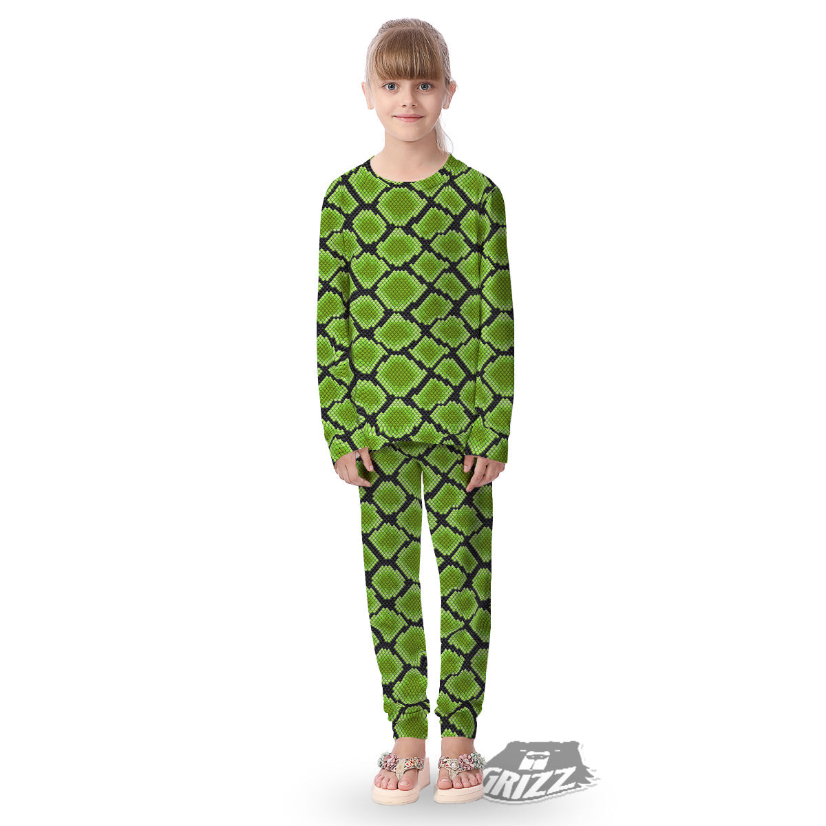 Snakeskin Black And Neon Green Print Kid's Pajamas-grizzshop