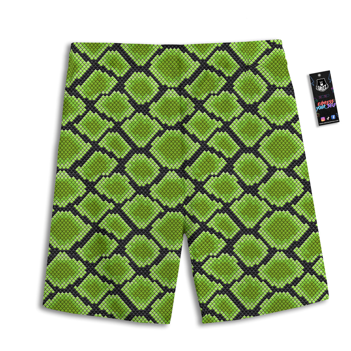 Snakeskin Black And Neon Green Print Men's Athletic Shorts