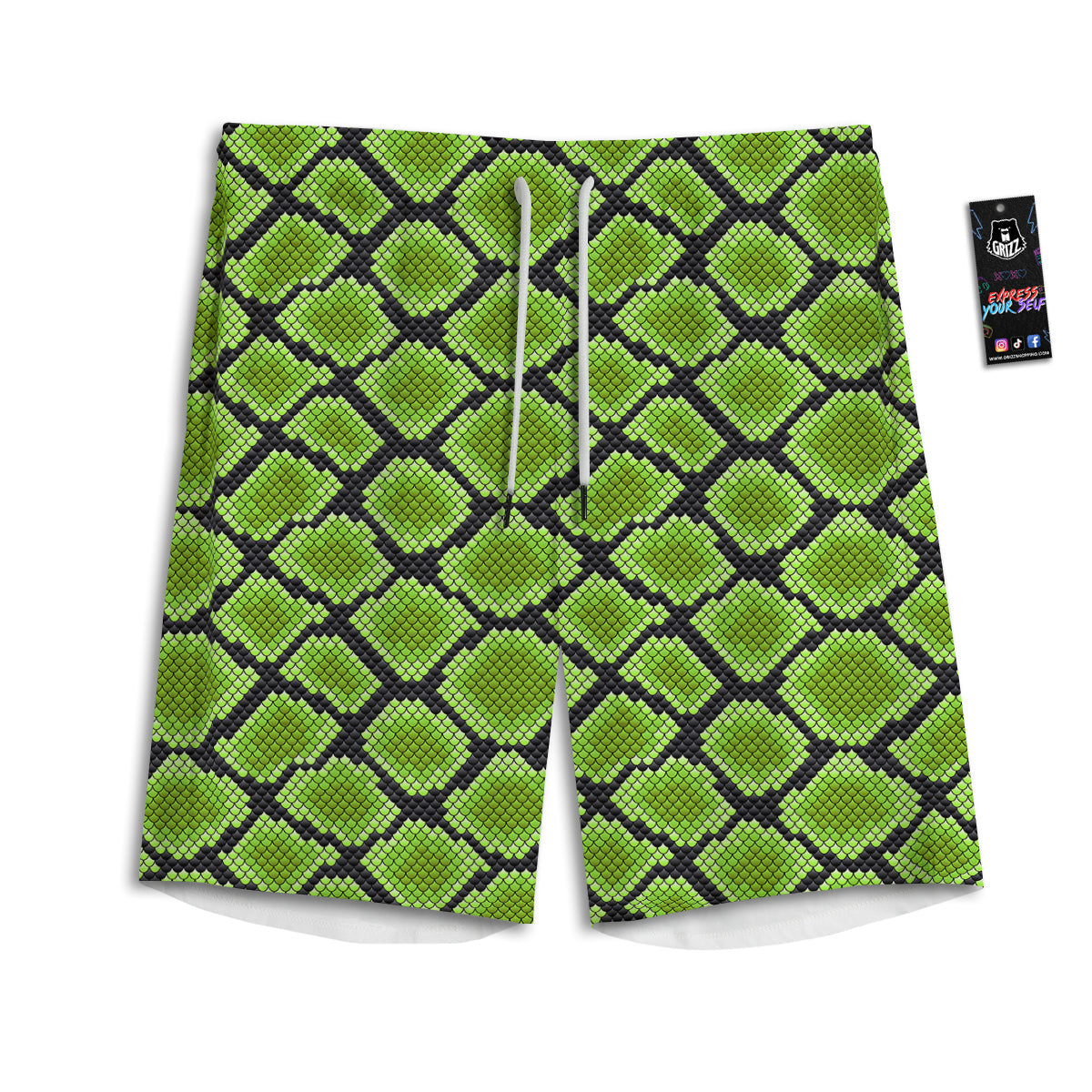 Snakeskin Black And Neon Green Print Men's Athletic Shorts