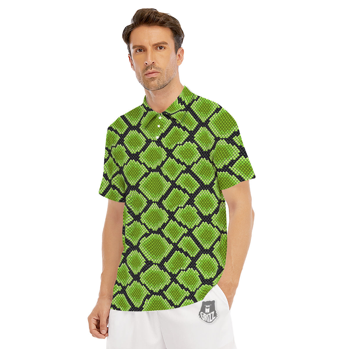 Snakeskin Black And Neon Green Print Men's Golf Shirts-grizzshop
