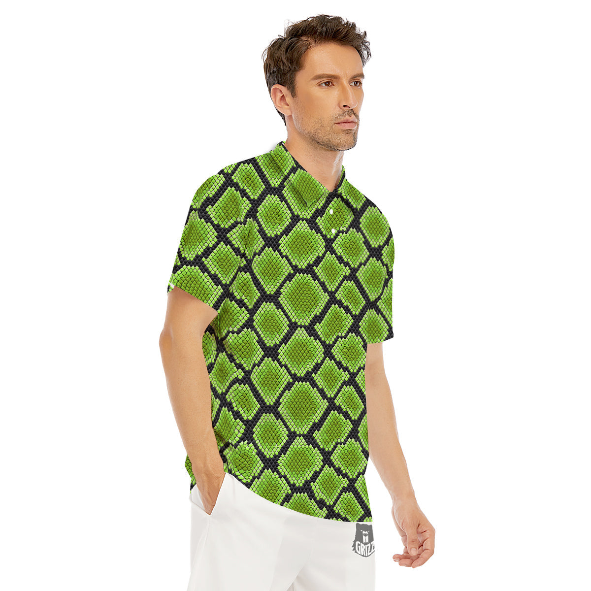 Snakeskin Black And Neon Green Print Men's Golf Shirts-grizzshop
