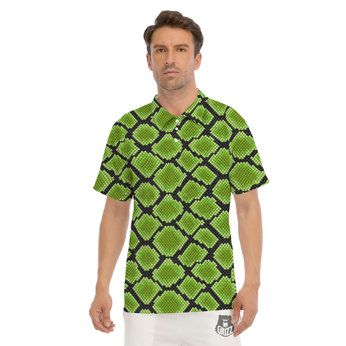 Snakeskin Black And Neon Green Print Men's Golf Shirts-grizzshop