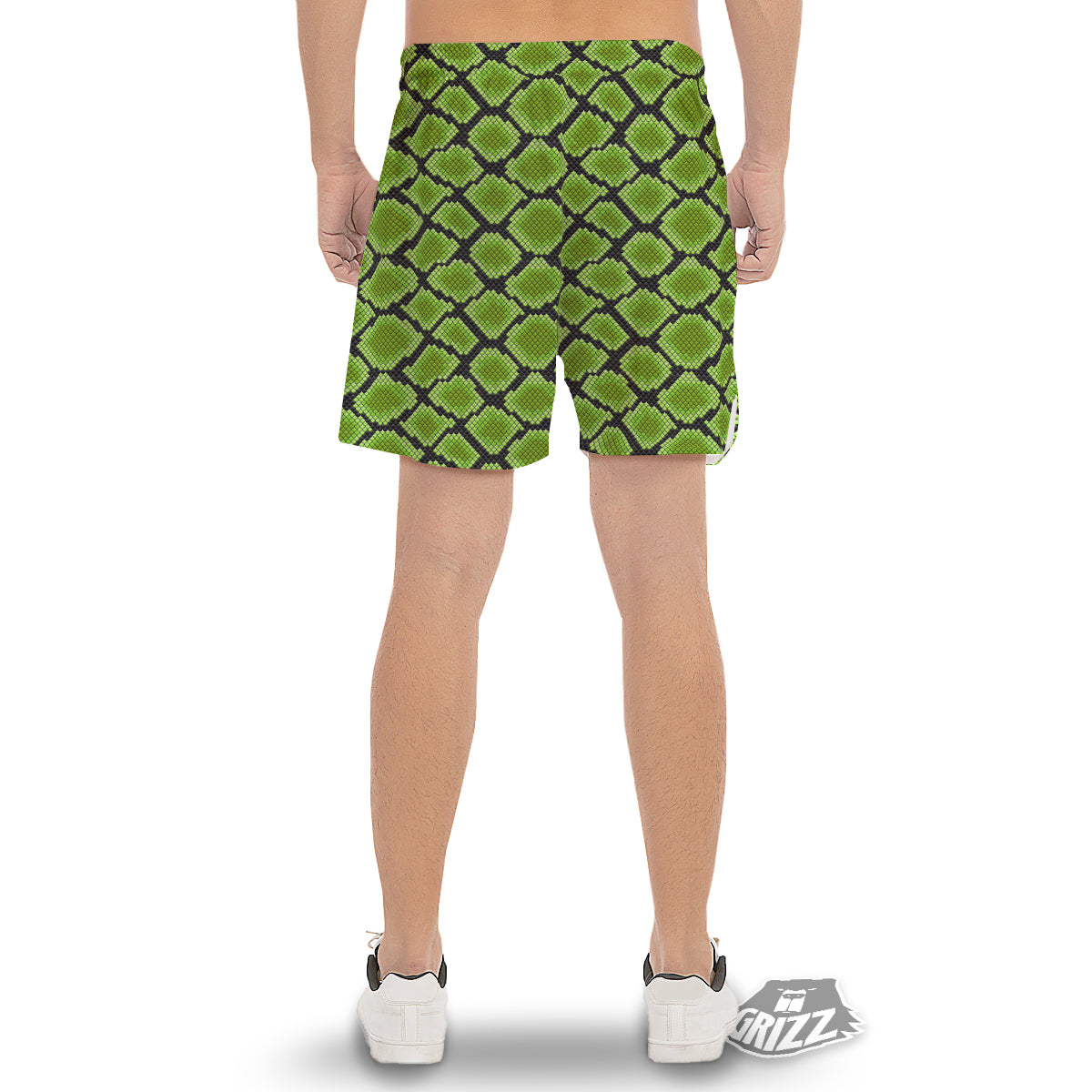 Snakeskin Black And Neon Green Print Men's Gym Shorts-grizzshop