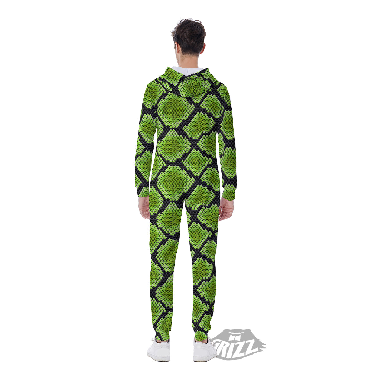 Snakeskin Black And Neon Green Print Men's Jumpsuit-grizzshop