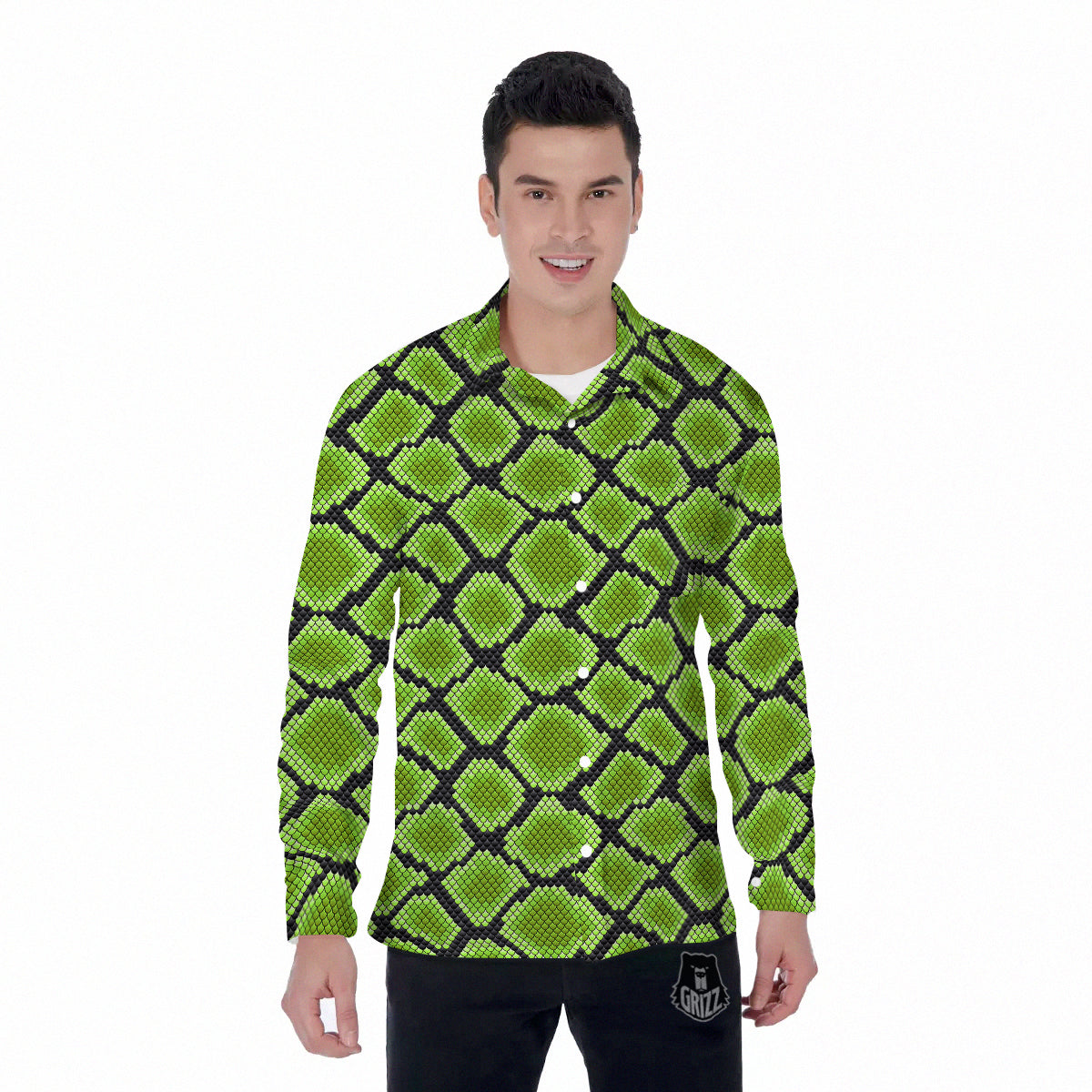 Snakeskin Black And Neon Green Print Men's Long Sleeve Shirts-grizzshop