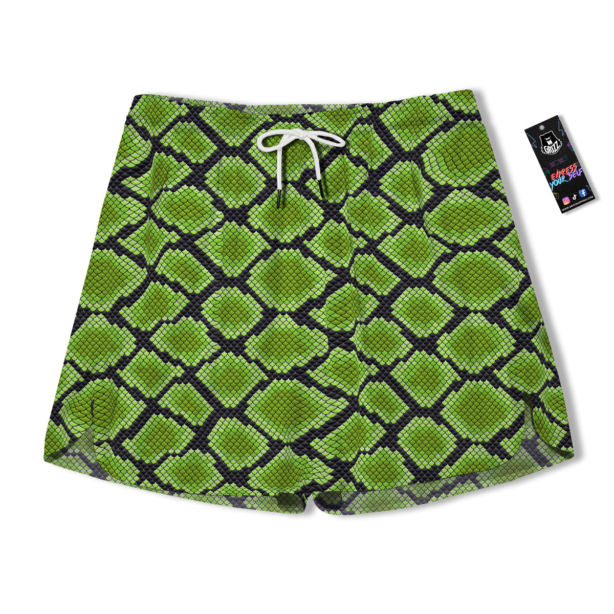 Snakeskin Black And Neon Green Print Men's Running Shorts-grizzshop
