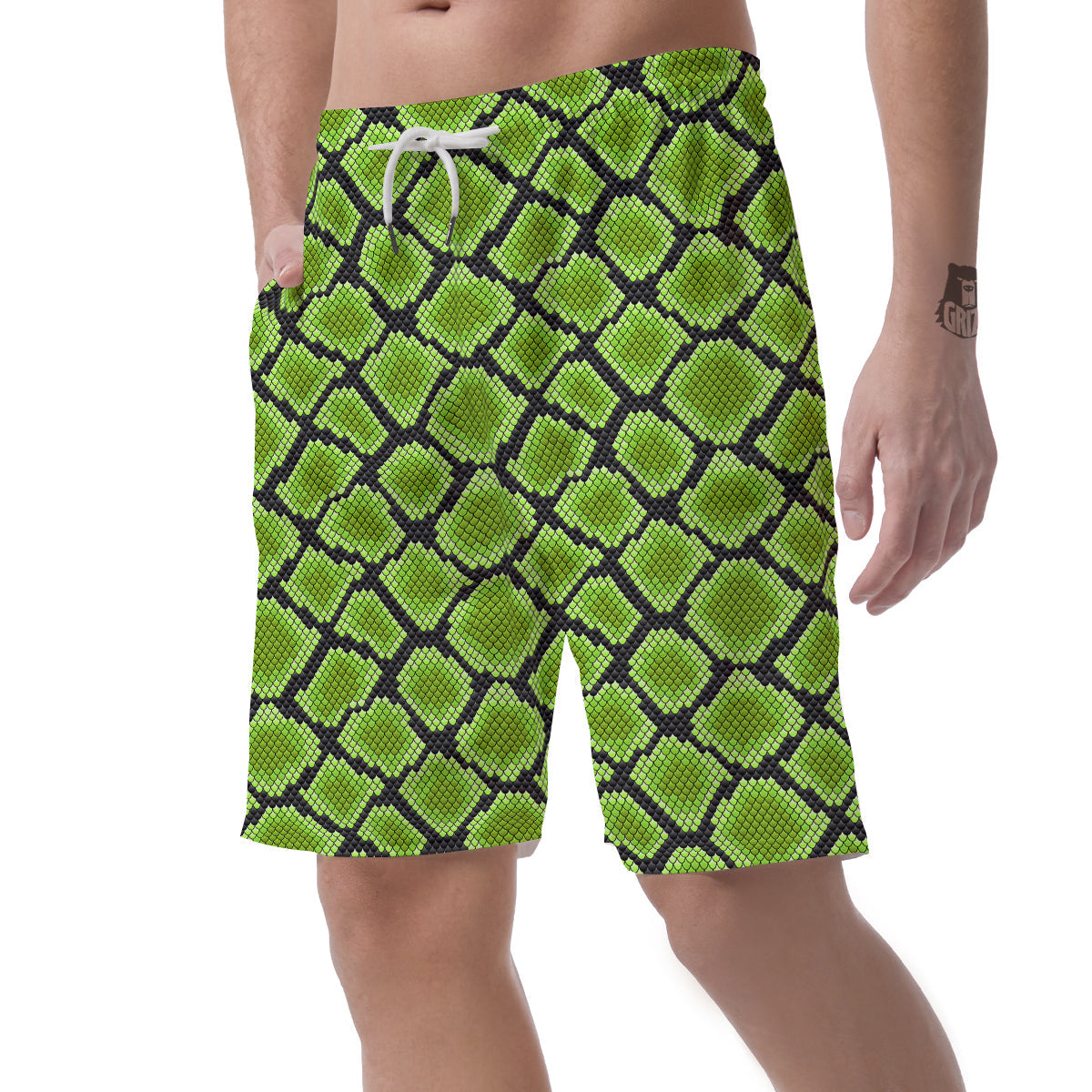 Snakeskin Black And Neon Green Print Men's Shorts-grizzshop