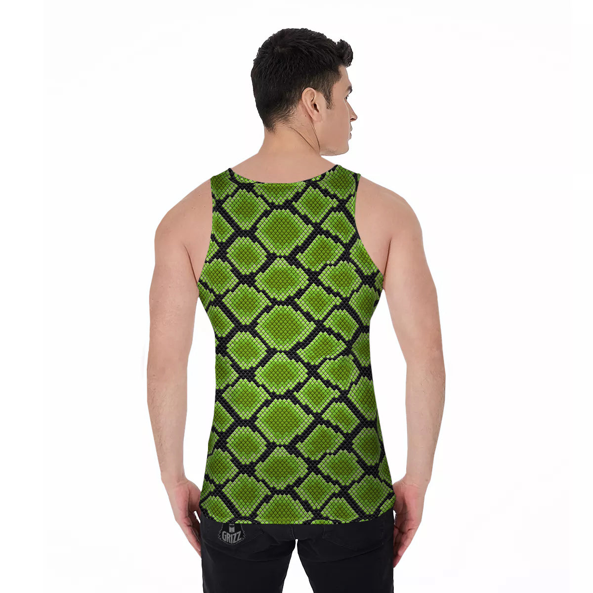 Snakeskin Black And Neon Green Print Men's Tank Top-grizzshop