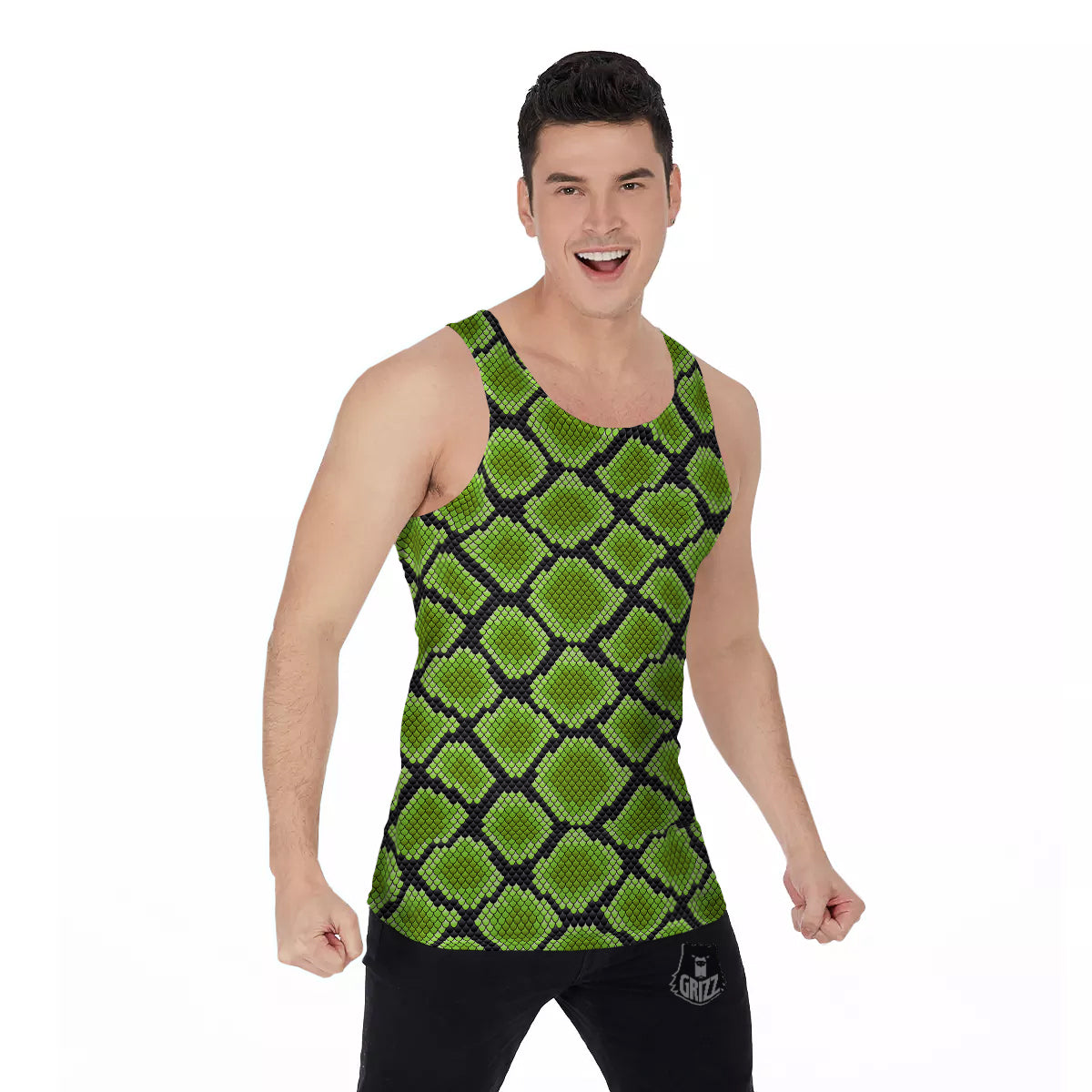 Snakeskin Black And Neon Green Print Men's Tank Top-grizzshop