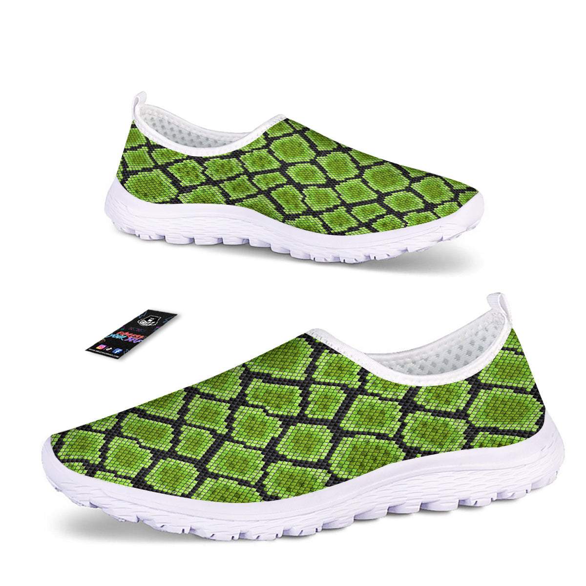 Snakeskin Black And Neon Green Print Nurse Shoes-grizzshop