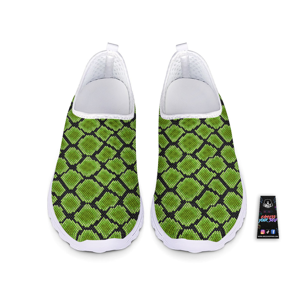 Snakeskin Black And Neon Green Print Nurse Shoes-grizzshop