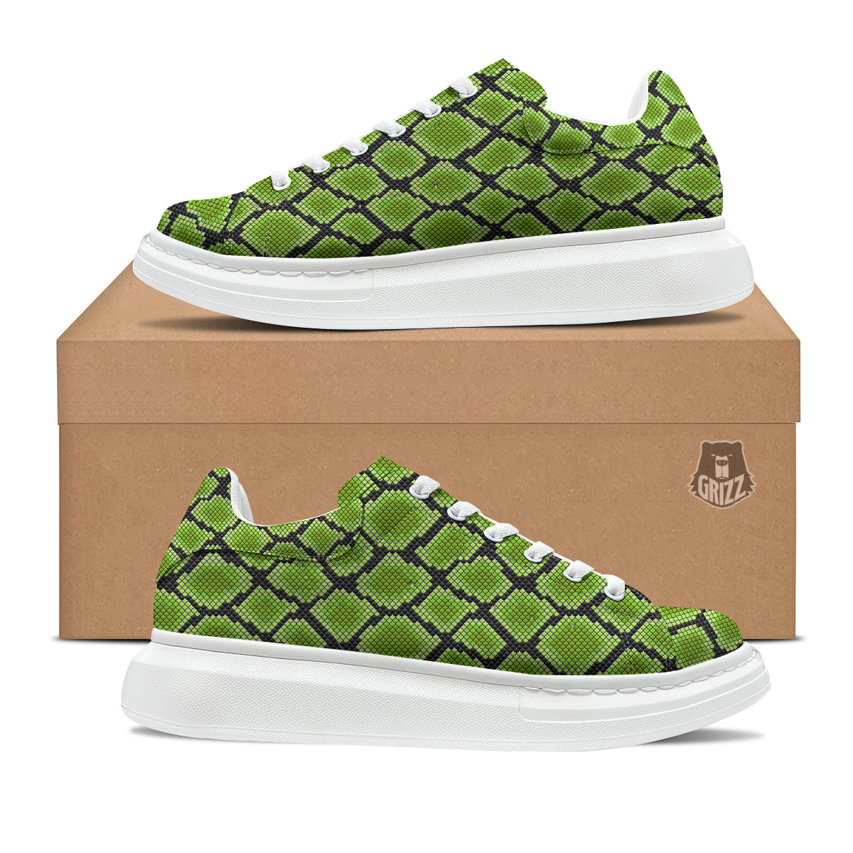 Snakeskin Black And Neon Green Print Platform Shoes-grizzshop