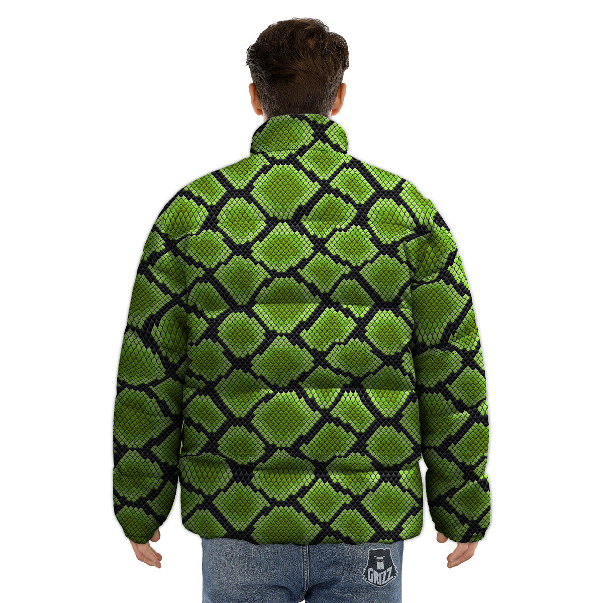 Snakeskin Black And Neon Green Print Puffer Jacket-grizzshop