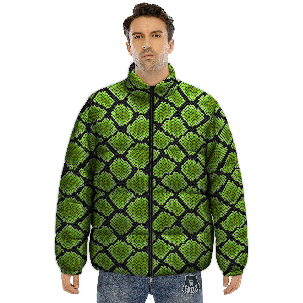 Snakeskin Black And Neon Green Print Puffer Jacket-grizzshop