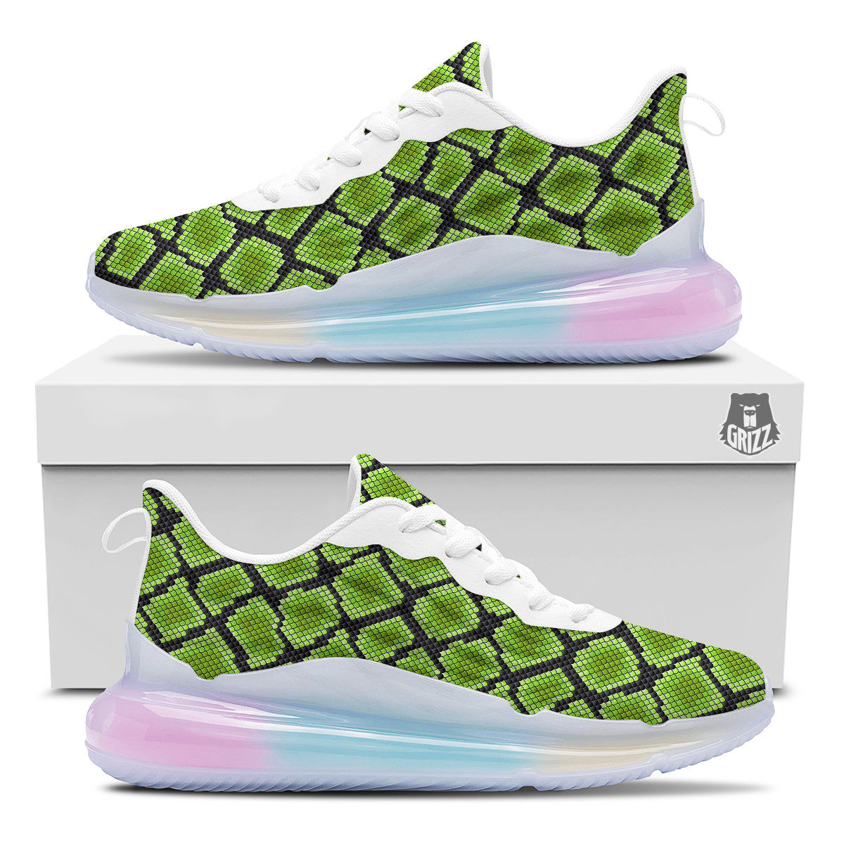 Snakeskin Black And Neon Green Print Running Sneakers-grizzshop