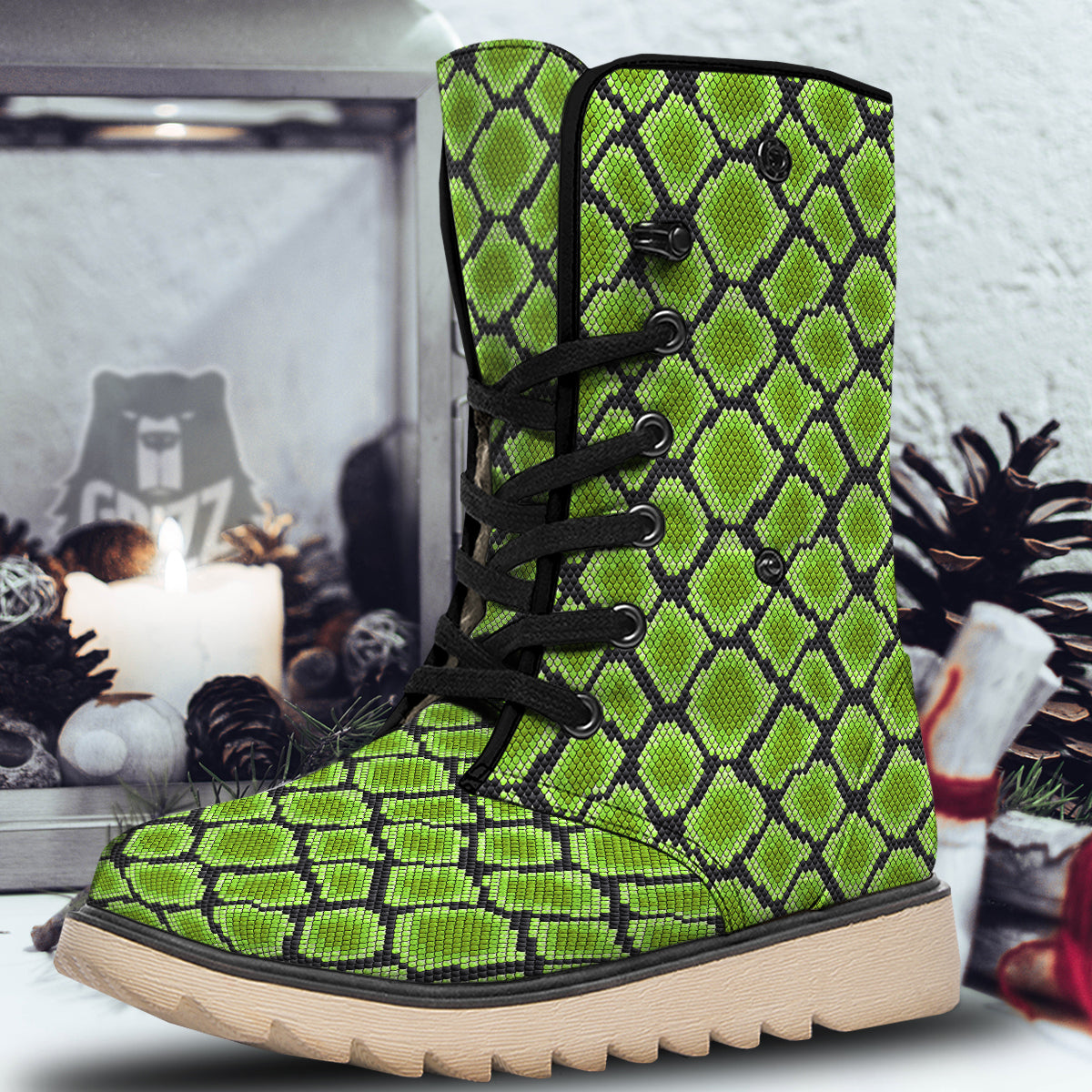 Snakeskin Black And Neon Green Print Snow Boots-grizzshop
