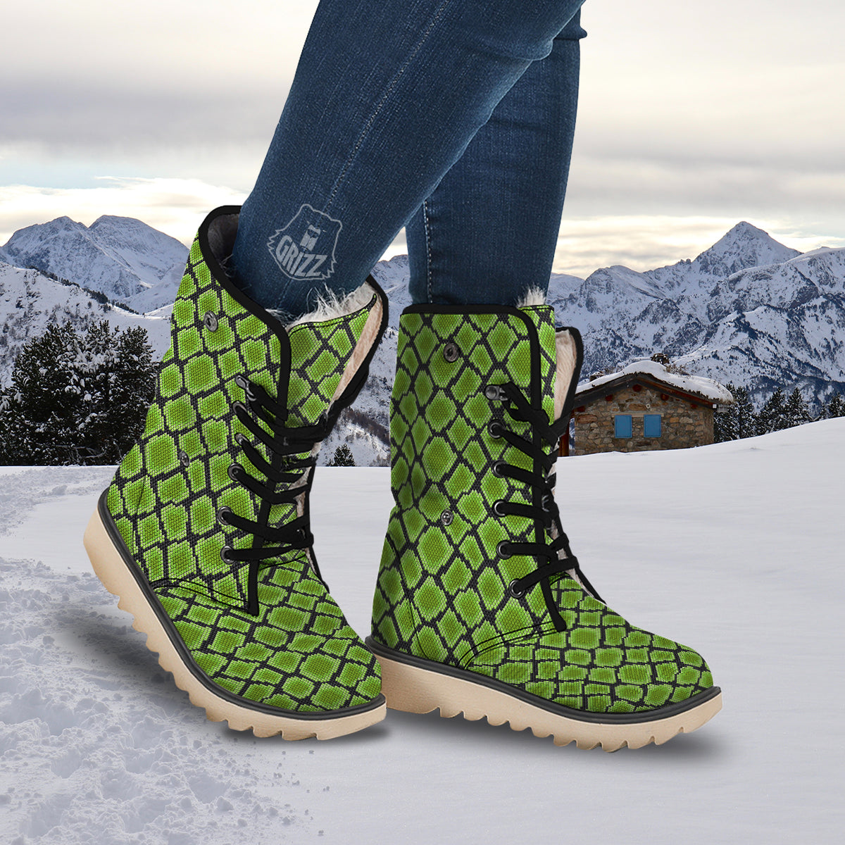 Snakeskin Black And Neon Green Print Snow Boots-grizzshop