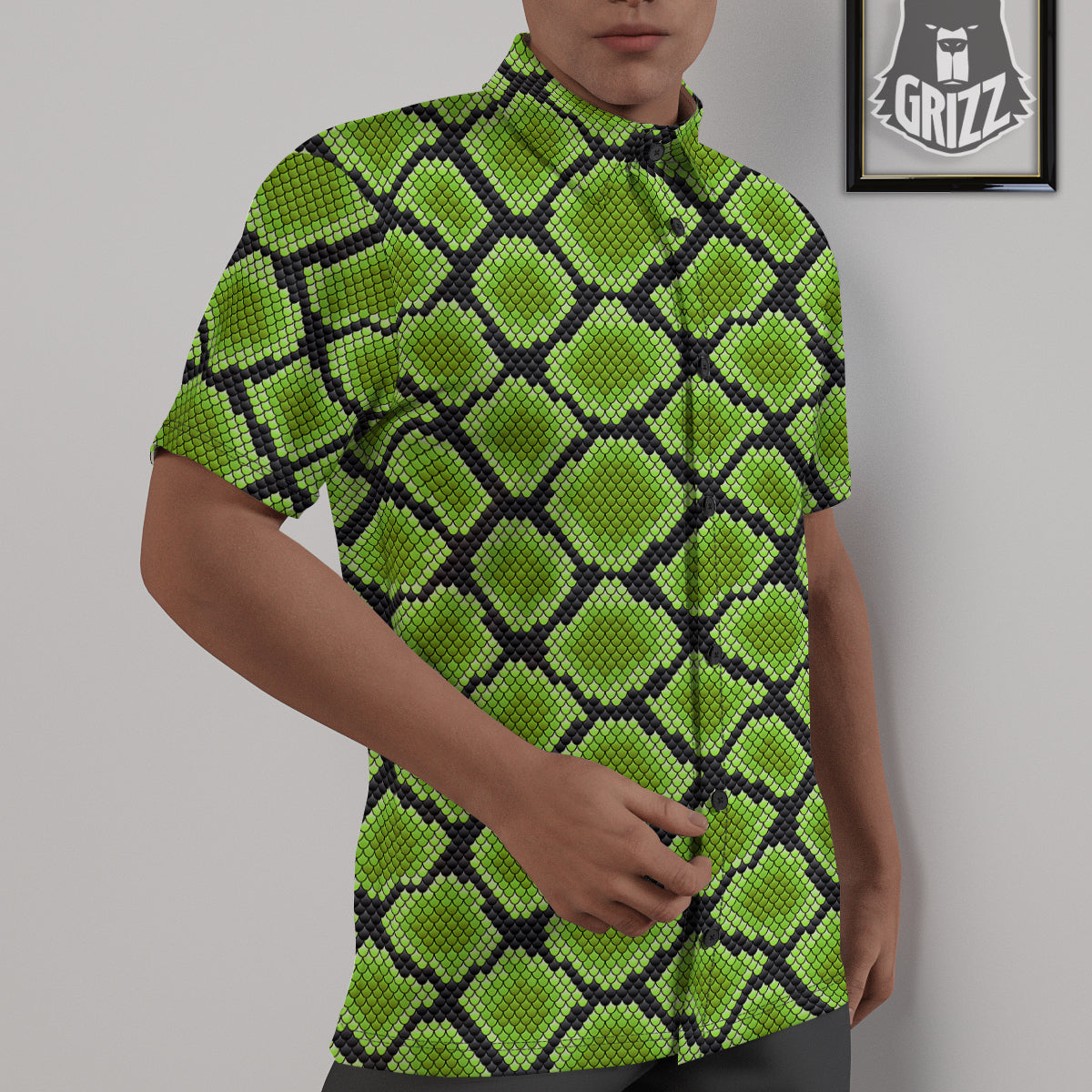 Snakeskin Black And Neon Green Print Untucked Shirts-grizzshop