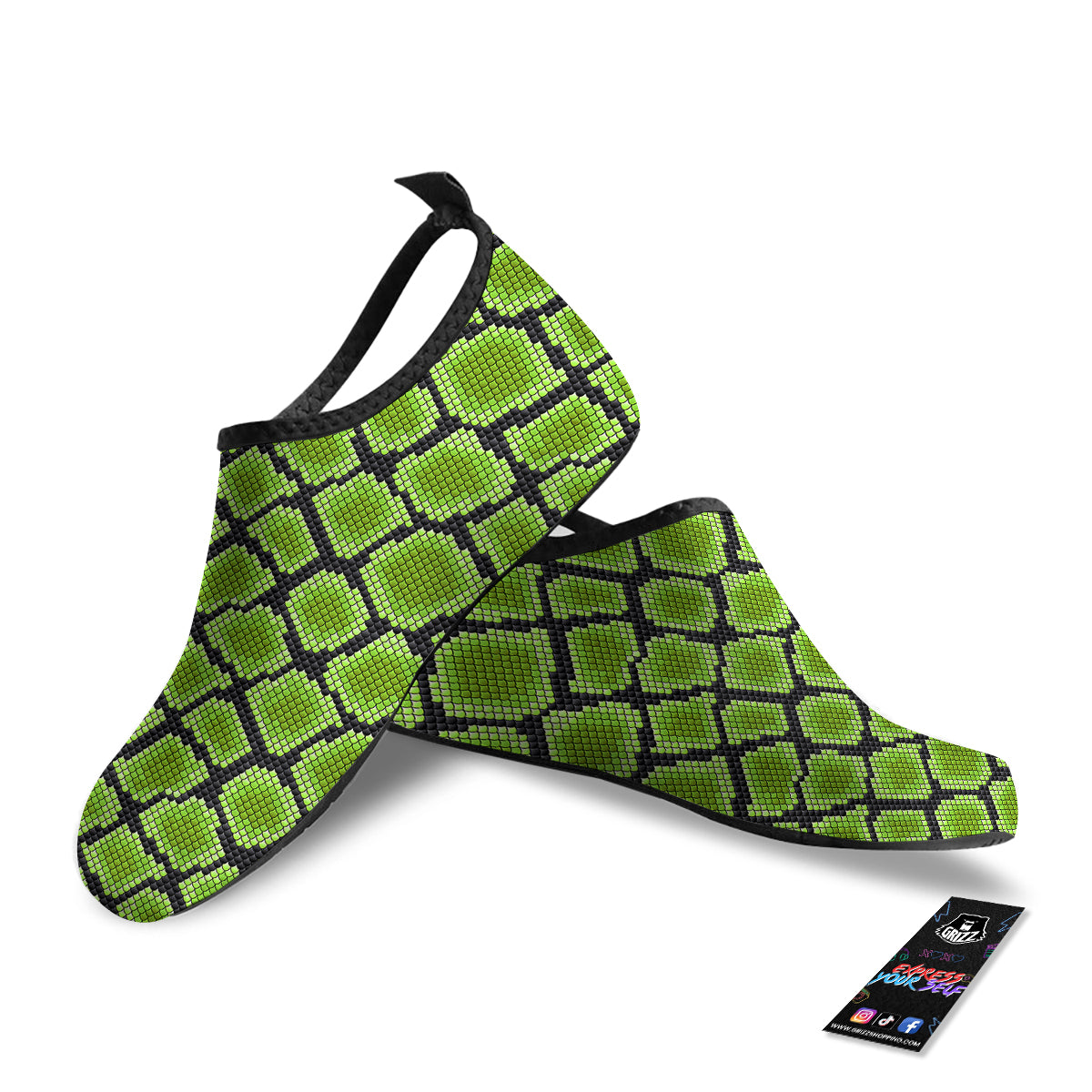 Snakeskin Black And Neon Green Print Water Shoes-grizzshop