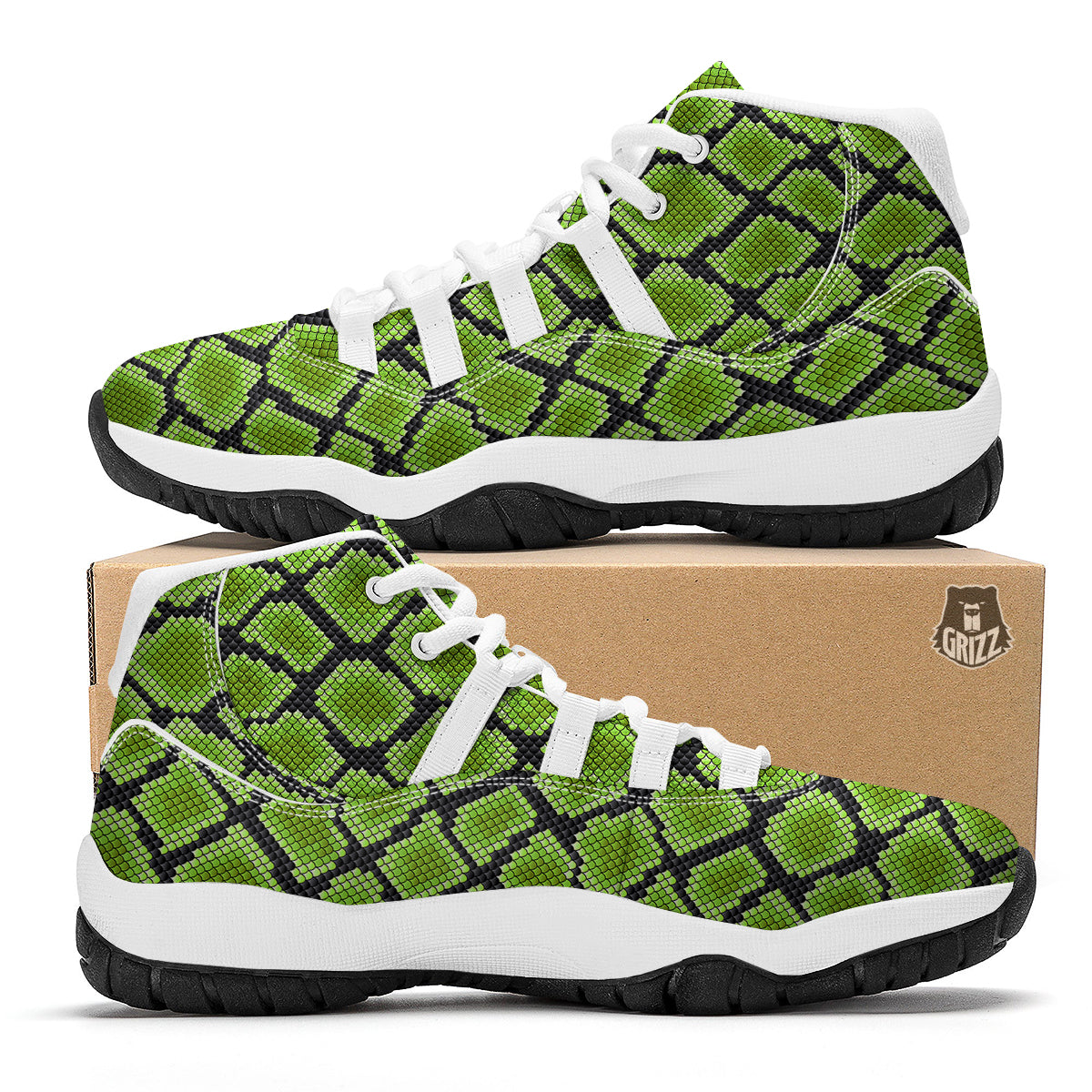 Snakeskin Black And Neon Green Print White Bball Shoes-grizzshop