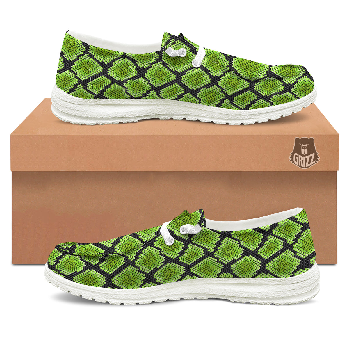 Snakeskin Black And Neon Green Print White Loafers-grizzshop