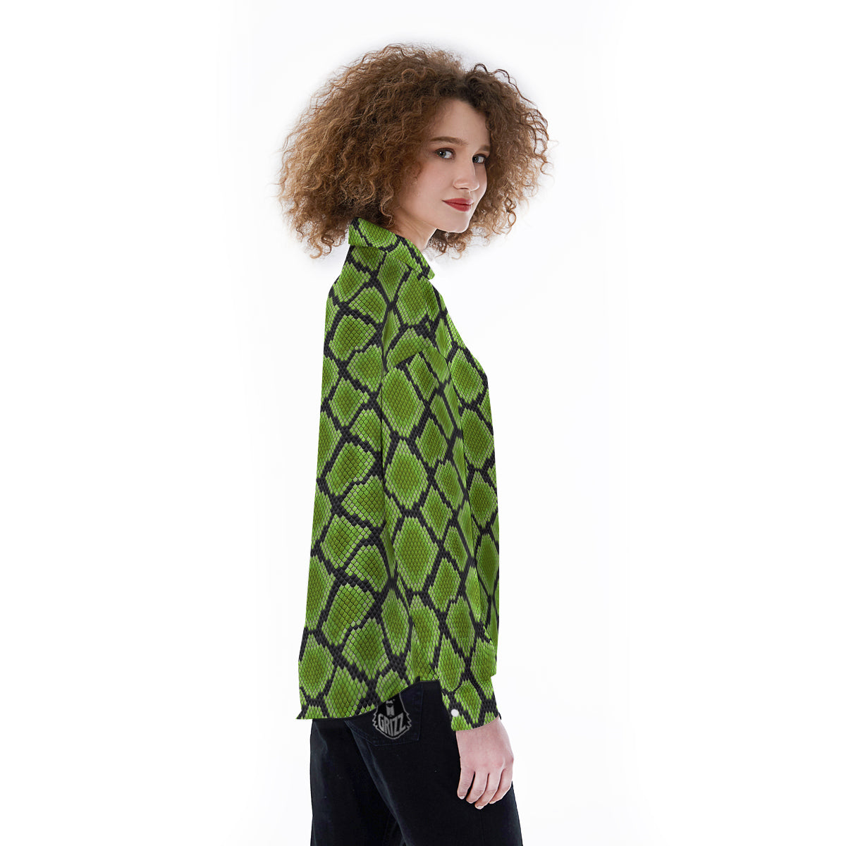 Snakeskin Black And Neon Green Print Women's Long Sleeve Shirts-grizzshop