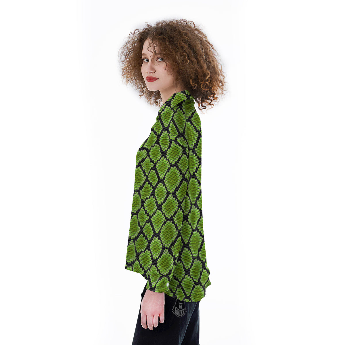 Snakeskin Black And Neon Green Print Women's Long Sleeve Shirts-grizzshop
