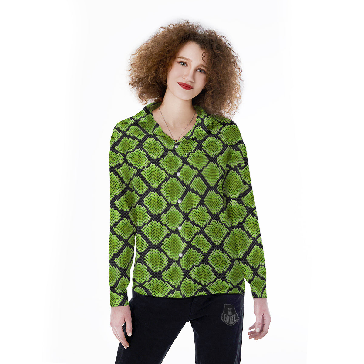 Snakeskin Black And Neon Green Print Women's Long Sleeve Shirts-grizzshop