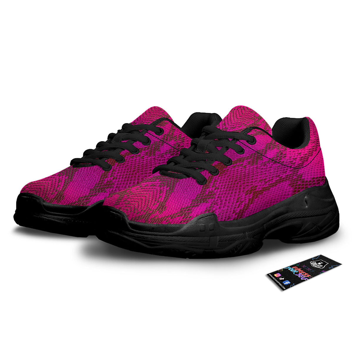 Snakeskin Black And Pink Magenta Print Black Chunky Shoes-grizzshop