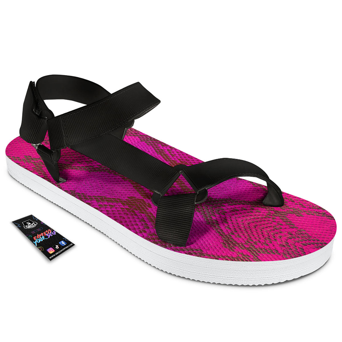 Snakeskin Black And Pink Magenta Print Black Open Toe Sandals-grizzshop