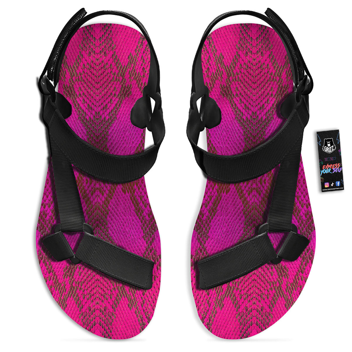 Snakeskin Black And Pink Magenta Print Black Open Toe Sandals-grizzshop