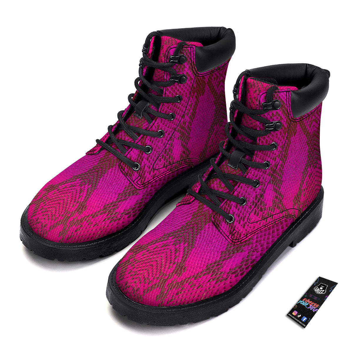 Snakeskin Black And Pink Magenta Print Boots-grizzshop