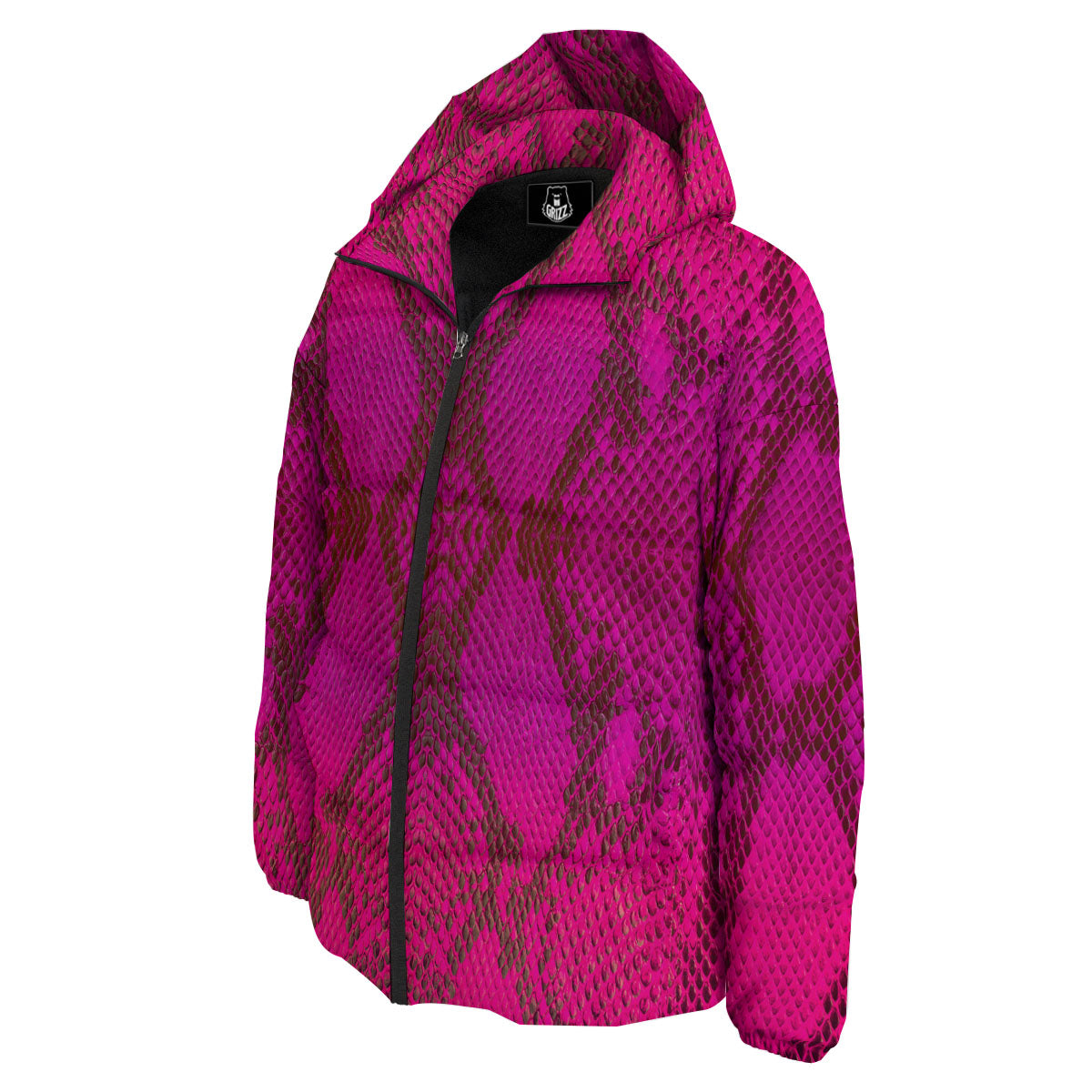 Snakeskin Black And Pink Magenta Print Down Jacket-grizzshop