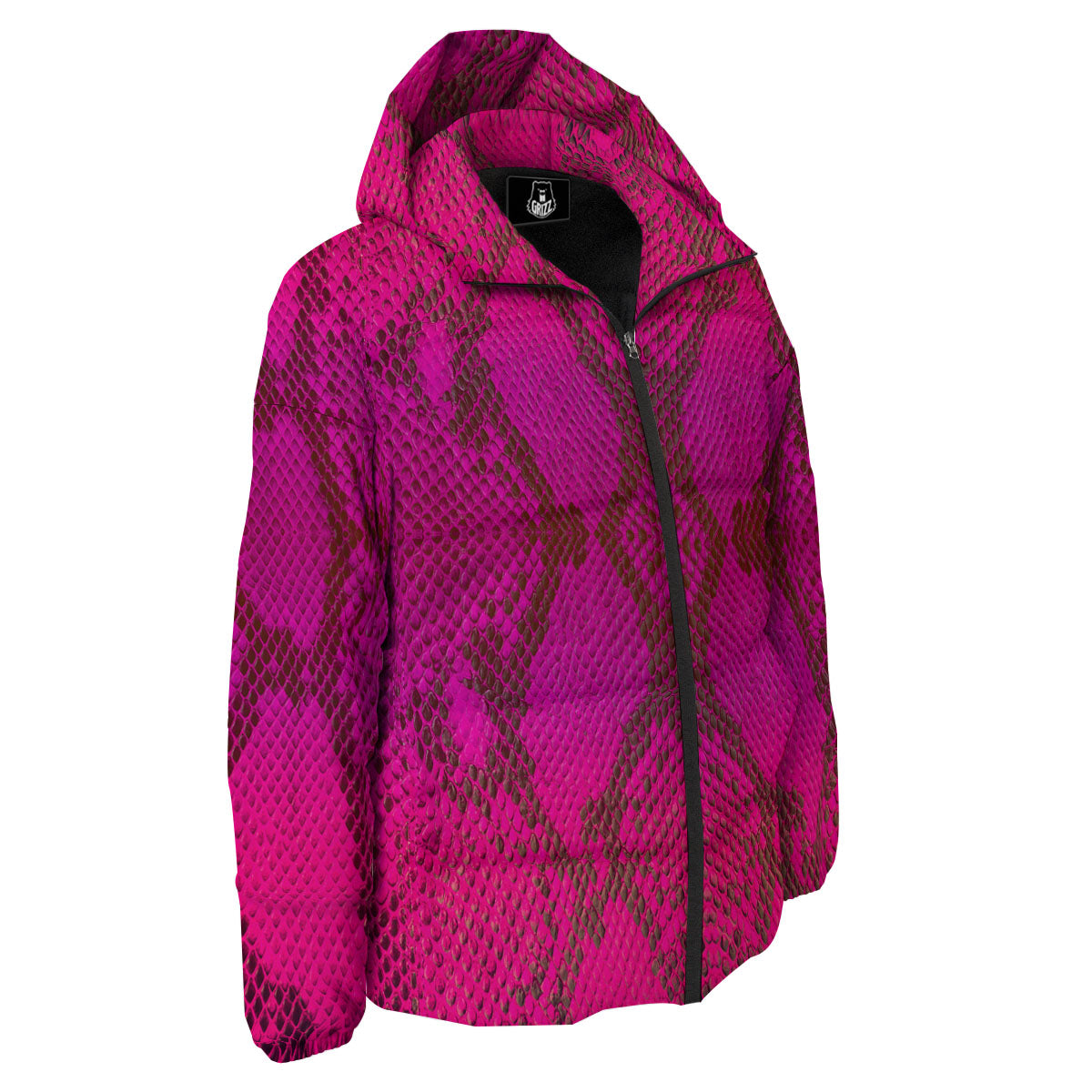 Snakeskin Black And Pink Magenta Print Down Jacket-grizzshop
