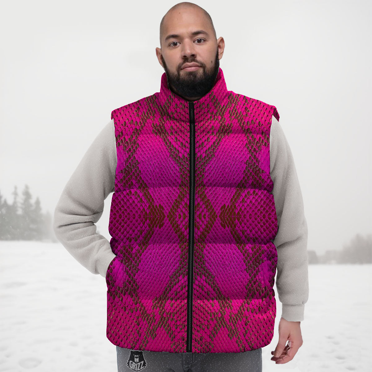 Snakeskin Black And Pink Magenta Print Down Vest